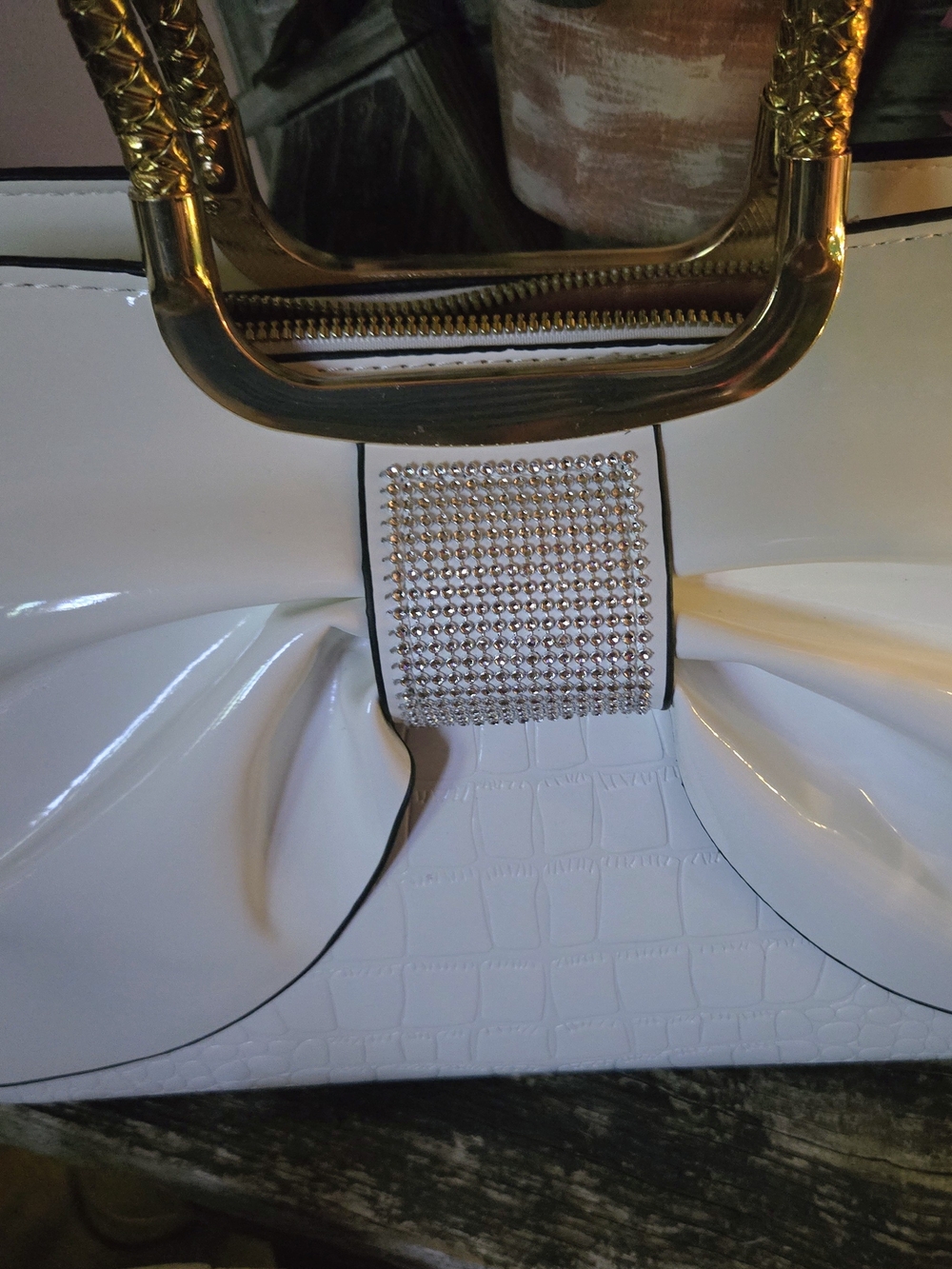White Women's Patent Satchel with Crystal Accent